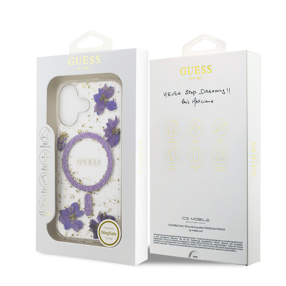 iPhone 17 Kılıf Guess Orjinal Lisanslı M-safe Şarj Özellikli Transparan Resin Flowers Kılıf