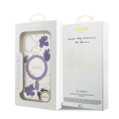 iPhone 17 Kılıf Guess Orjinal Lisanslı M-safe Şarj Özellikli Transparan Resin Flowers Kılıf
