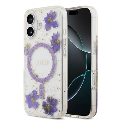 iPhone 17 Kılıf Guess Orjinal Lisanslı M-safe Şarj Özellikli Transparan Resin Flowers Kılıf
