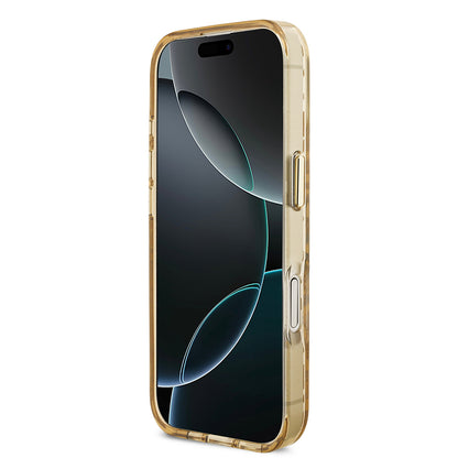 iPhone 17 Kılıf Guess Orjinal Lisanslı M-safe Şarj Özellikli Üçgen Logolu Simli Leopar Desenli Kılıf