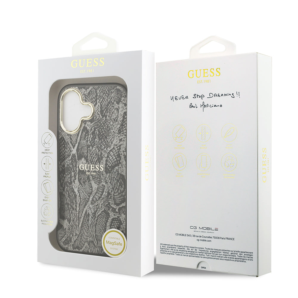 iPhone 17 Kılıf Guess Orjinal Lisanslı M-safe Şarj Özellikli Yazı Logolu Python Desenli Kılıf