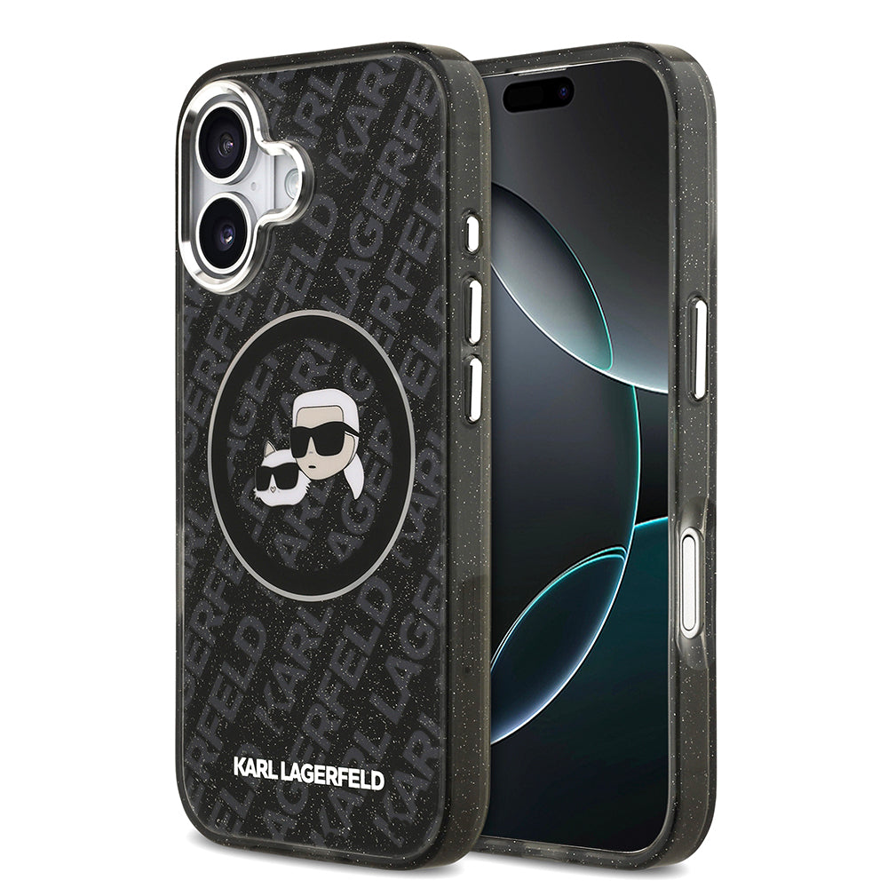 iPhone 17 Kılıf Karl Lagerfeld Orjinal Lisanslı Parlayan Simli Karl & Choupette Heads Kılıf