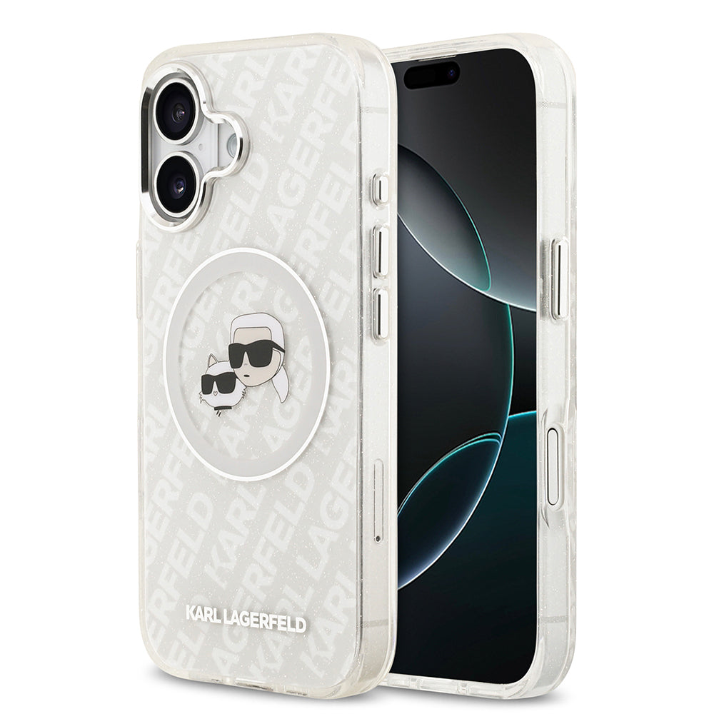 iPhone 17 Kılıf Karl Lagerfeld Orjinal Lisanslı Parlayan Simli Karl & Choupette Heads Kılıf