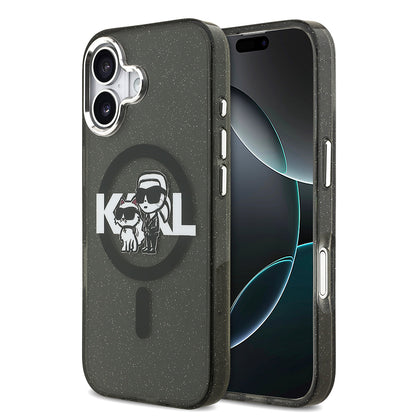 iPhone 17 Kılıf Karl Lagerfeld Orjinal Lisanslı Parlayan Simli Karl & Choupette Sketch Logo Kılıf
