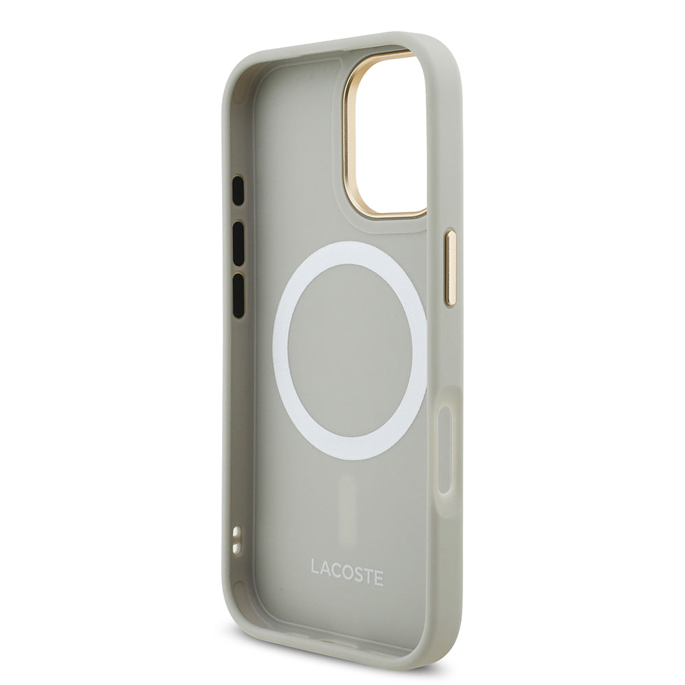 Apple iPhone 17 Kılıf Lacoste Orjinal Lisanslı M-safe Şarj Özellikli Champs Elysees PU Deri Tasarımlı Kapak Gri