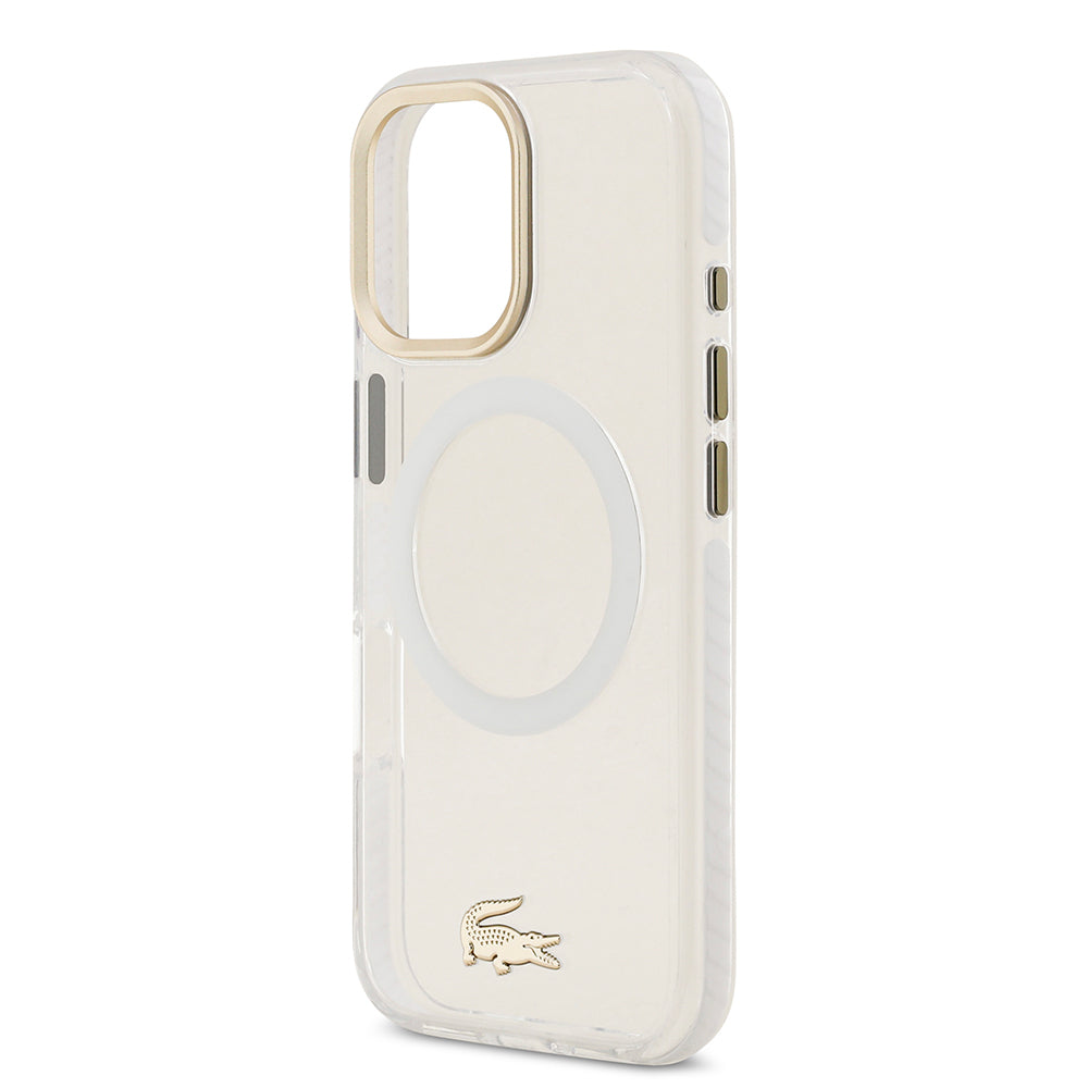 Apple iPhone 17 Kılıf Lacoste Orjinal Lisanslı M-safe Şarj Özellikli Gold Timsah Logolu Buzlu Kapak Beyaz