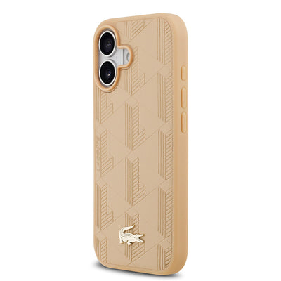 Apple iPhone 17 Kılıf Lacoste Orjinal Lisanslı M-safe Şarj Özellikli PU Deri Tasarımlı Karışık Monogram Desenli Kapak  Bej
