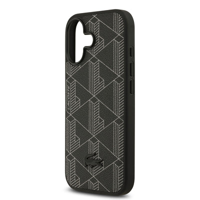 Apple iPhone 17 Kılıf Lacoste Orjinal Lisanslı M-safe Şarj Özellikli PU Deri Tasarımlı Kartlıklı Karışık Monogram Desenli Kapak Siyah