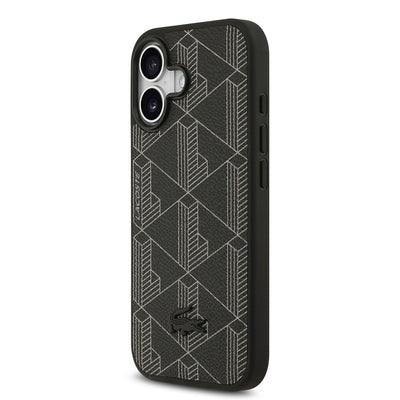 Apple iPhone 17 Kılıf Lacoste Orjinal Lisanslı M-safe Şarj Özellikli PU Deri Tasarımlı Kartlıklı Karışık Monogram Desenli Kapak Siyah