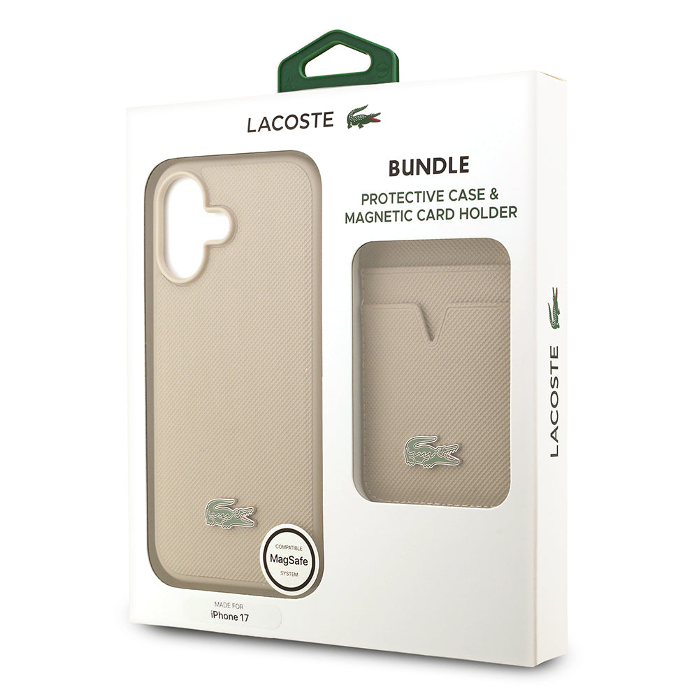 iPhone 17 Kılıf Lacoste Orjinal Lisanslı M-safe Şarj Özellikli PU Pike Desenli Metal Logolu Kartlıklı Kılıf