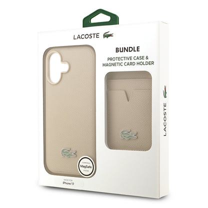 iPhone 17 Kılıf Lacoste Orjinal Lisanslı M-safe Şarj Özellikli PU Pike Desenli Metal Logolu Kartlıklı Kılıf