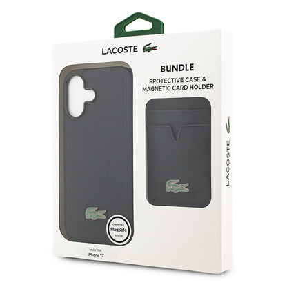 iPhone 17 Kılıf Lacoste Orjinal Lisanslı M-safe Şarj Özellikli PU Pike Desenli Metal Logolu Kartlıklı Kılıf