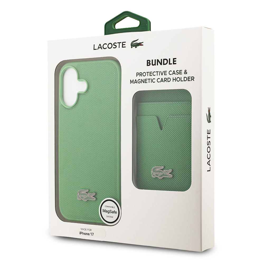 iPhone 17 Kılıf Lacoste Orjinal Lisanslı M-safe Şarj Özellikli PU Pike Desenli Metal Logolu Kartlıklı Kılıf