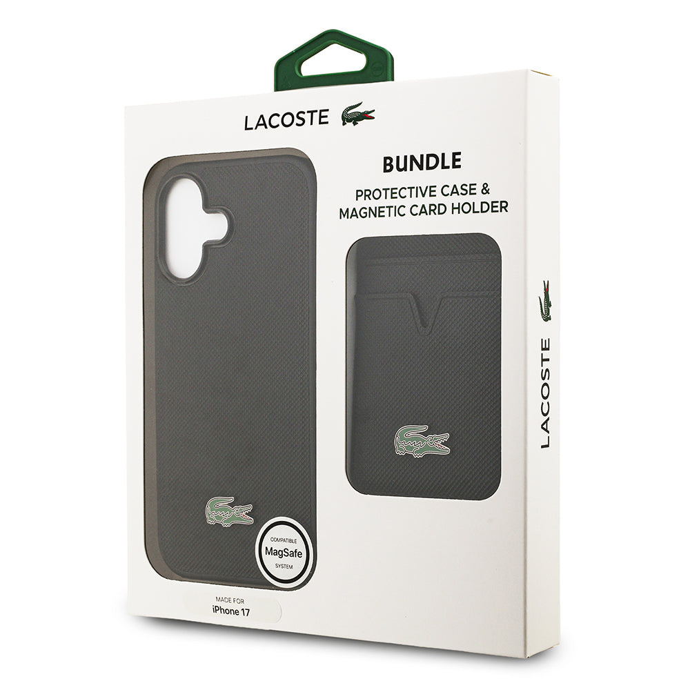 iPhone 17 Kılıf Lacoste Orjinal Lisanslı M-safe Şarj Özellikli PU Pike Desenli Metal Logolu Kartlıklı Kılıf