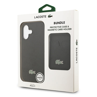 iPhone 17 Kılıf Lacoste Orjinal Lisanslı M-safe Şarj Özellikli PU Pike Desenli Metal Logolu Kartlıklı Kılıf
