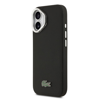 Apple iPhone 17 Kılıf Lacoste Orjinal Lisanslı M-safe Şarj Özellikli PU Pike Desenli Standlı Metal Logolu Kapak Siyah