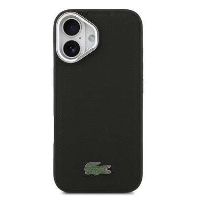 Apple iPhone 17 Kılıf Lacoste Orjinal Lisanslı M-safe Şarj Özellikli PU Pike Desenli Standlı Metal Logolu Kapak Siyah