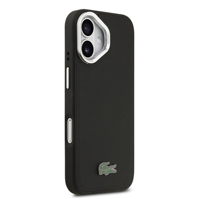 Apple iPhone 17 Kılıf Lacoste Orjinal Lisanslı M-safe Şarj Özellikli PU Pike Desenli Standlı Metal Logolu Kapak Siyah