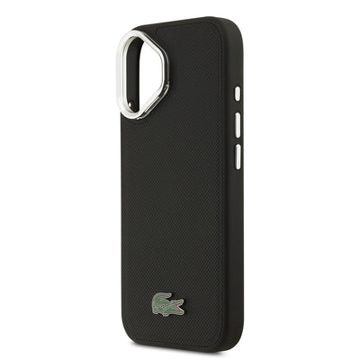 Apple iPhone 17 Kılıf Lacoste Orjinal Lisanslı M-safe Şarj Özellikli PU Pike Desenli Standlı Metal Logolu Kapak Siyah