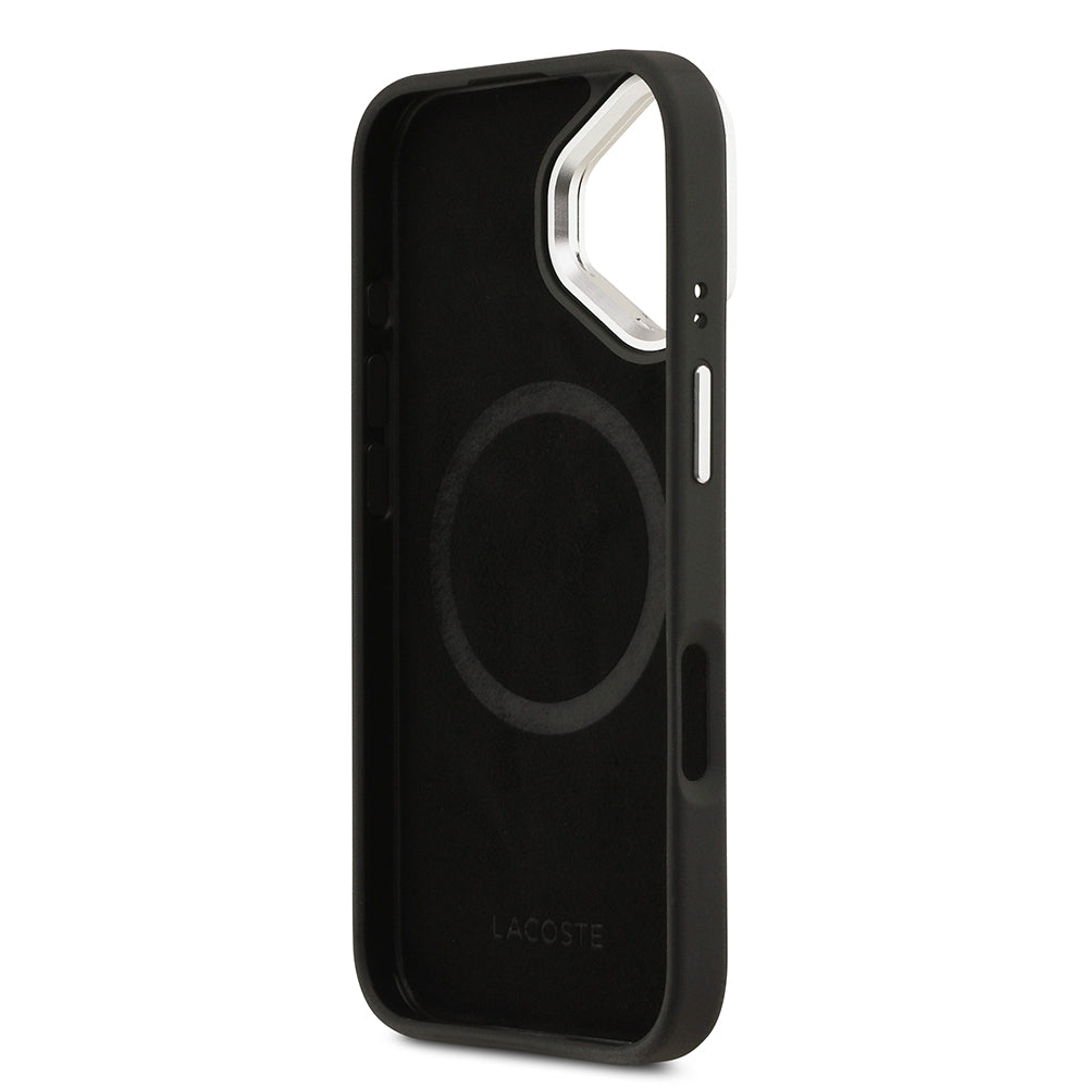 iPhone 17 Kılıf Lacoste Orjinal Lisanslı M-safe Şarj Özellikli PU Pike Desenli Standlı Metal Logolu Kılıf