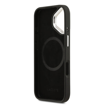 Apple iPhone 17 Kılıf Lacoste Orjinal Lisanslı M-safe Şarj Özellikli PU Pike Desenli Standlı Metal Logolu Kapak Siyah
