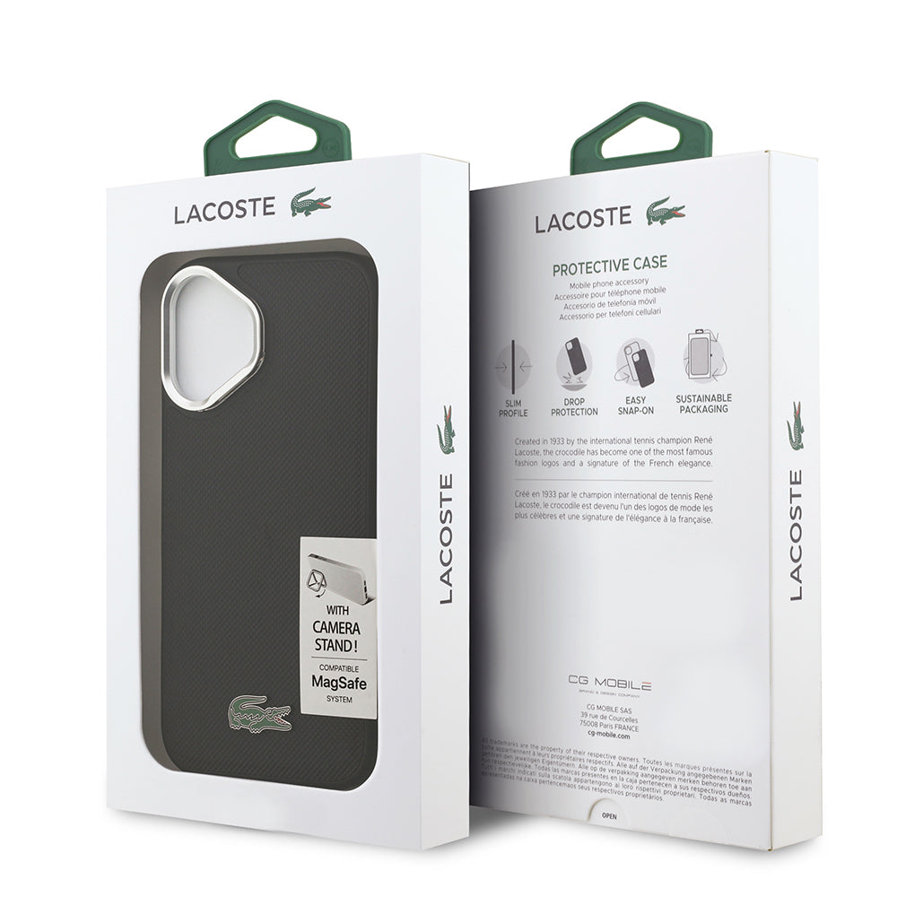iPhone 17 Kılıf Lacoste Orjinal Lisanslı M-safe Şarj Özellikli PU Pike Desenli Standlı Metal Logolu Kılıf