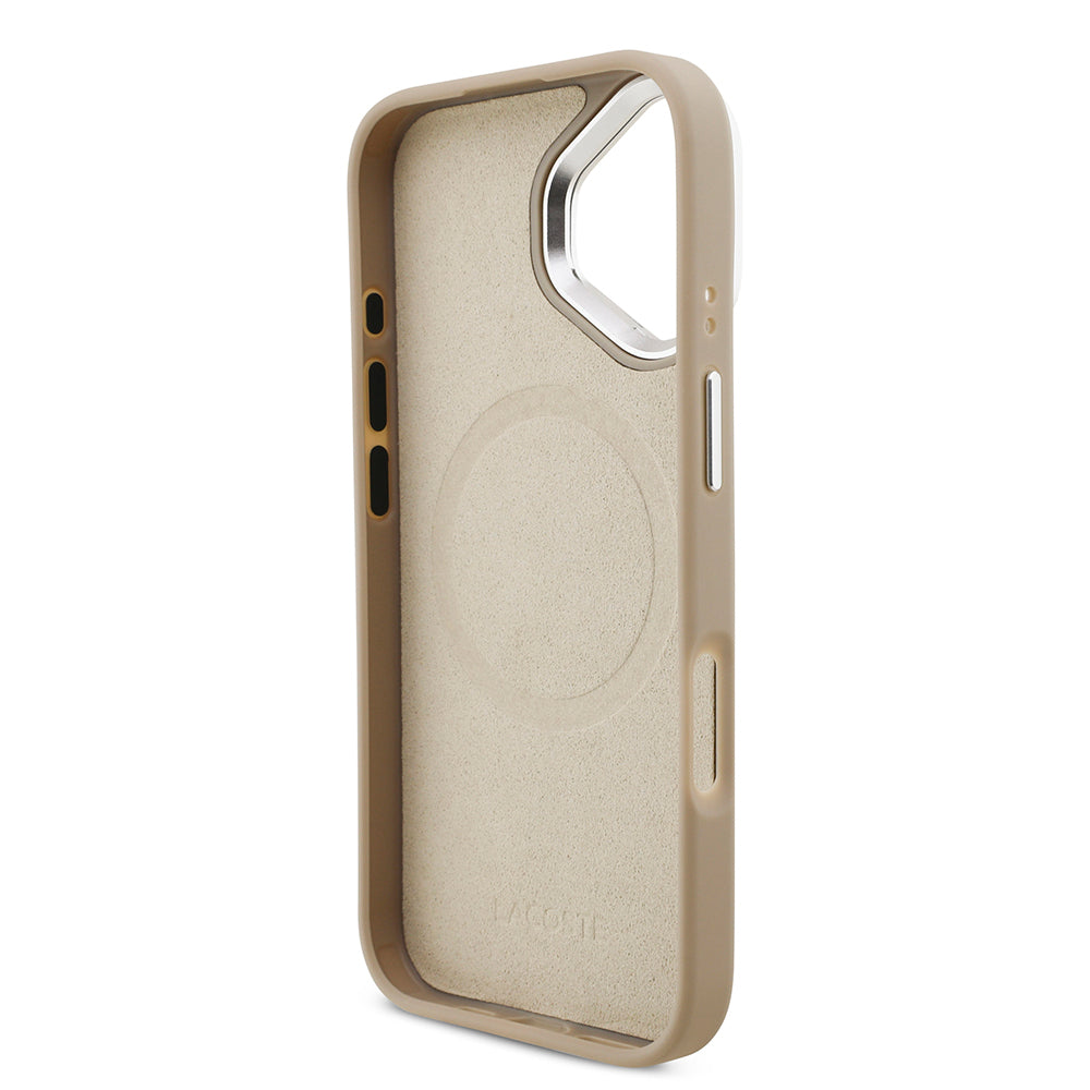 Apple iPhone 17 Kılıf Lacoste Orjinal Lisanslı M-safe Şarj Özellikli PU Pike Desenli Standlı Metal Logolu Kapak Bej