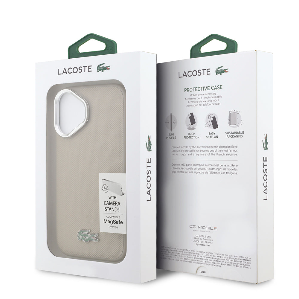 iPhone 17 Kılıf Lacoste Orjinal Lisanslı M-safe Şarj Özellikli PU Pike Desenli Standlı Metal Logolu Kılıf
