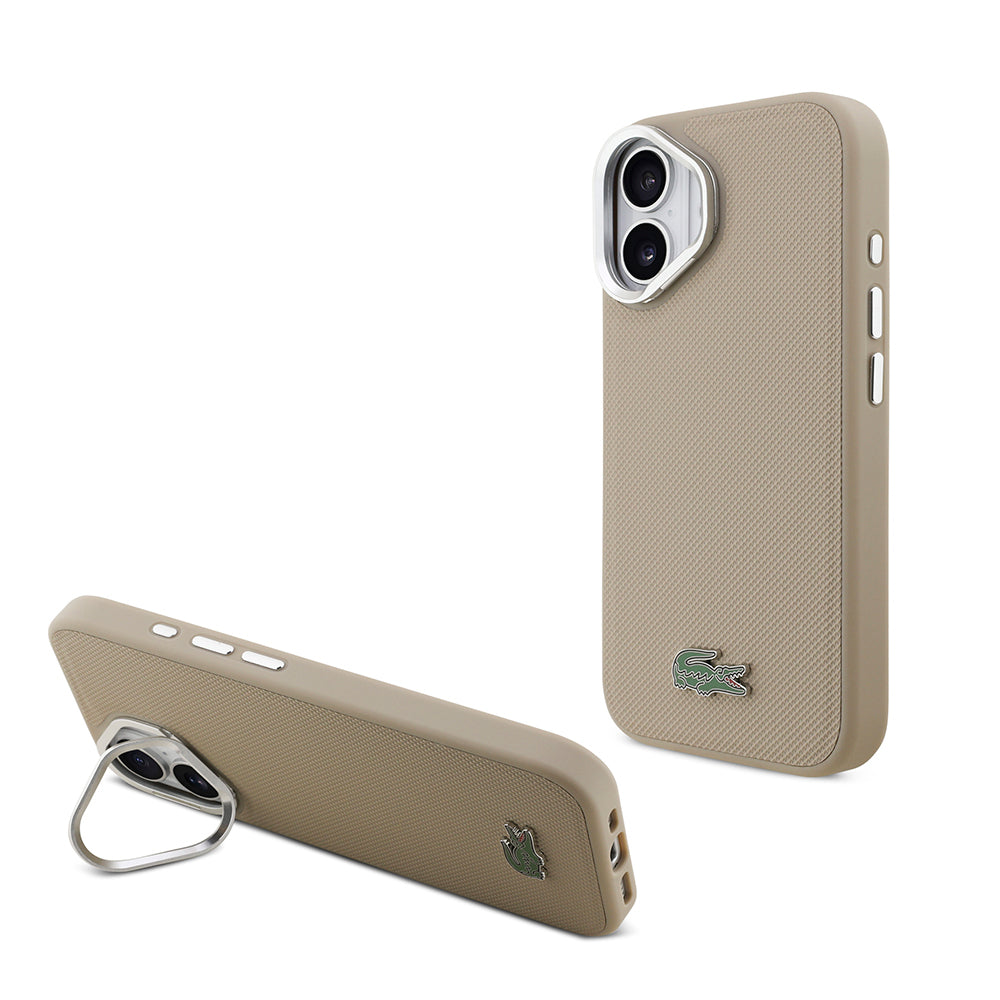 iPhone 17 Kılıf Lacoste Orjinal Lisanslı M-safe Şarj Özellikli PU Pike Desenli Standlı Metal Logolu Kılıf