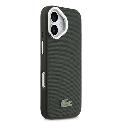 Apple iPhone 17 Kılıf Lacoste Orjinal Lisanslı M-safe Şarj Özellikli PU Pike Desenli Standlı Metal Logolu Kapak Koyu Yeşil