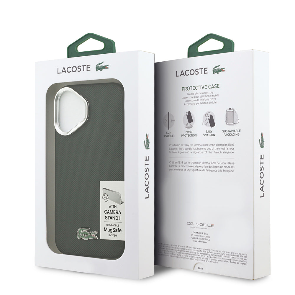 iPhone 17 Kılıf Lacoste Orjinal Lisanslı M-safe Şarj Özellikli PU Pike Desenli Standlı Metal Logolu Kılıf