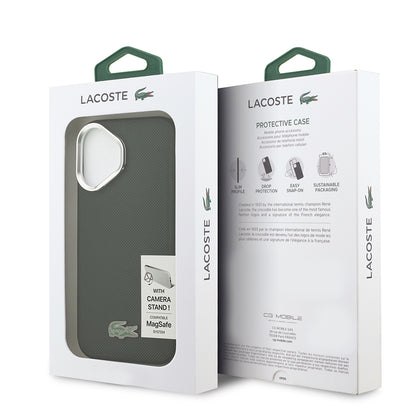 iPhone 17 Kılıf Lacoste Orjinal Lisanslı M-safe Şarj Özellikli PU Pike Desenli Standlı Metal Logolu Kılıf