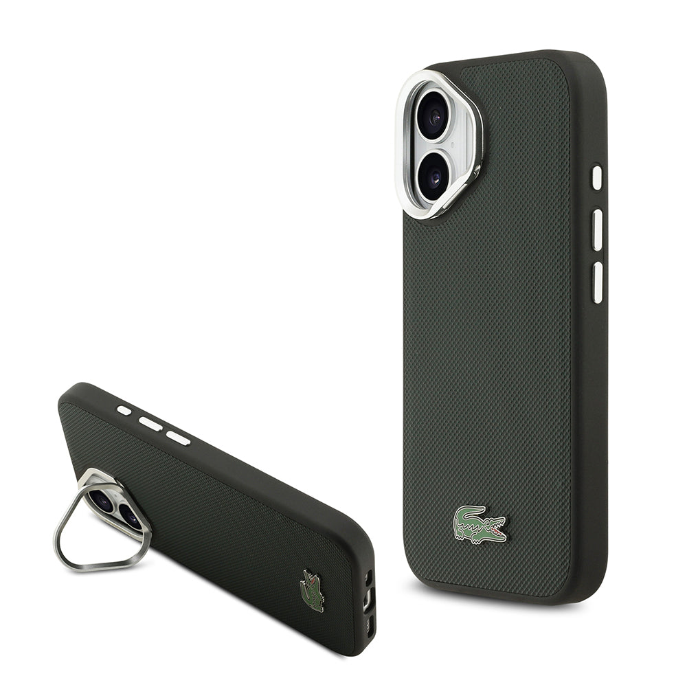 iPhone 17 Kılıf Lacoste Orjinal Lisanslı M-safe Şarj Özellikli PU Pike Desenli Standlı Metal Logolu Kılıf