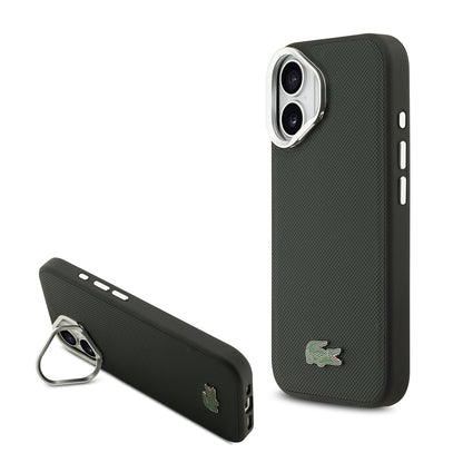 iPhone 17 Kılıf Lacoste Orjinal Lisanslı M-safe Şarj Özellikli PU Pike Desenli Standlı Metal Logolu Kılıf