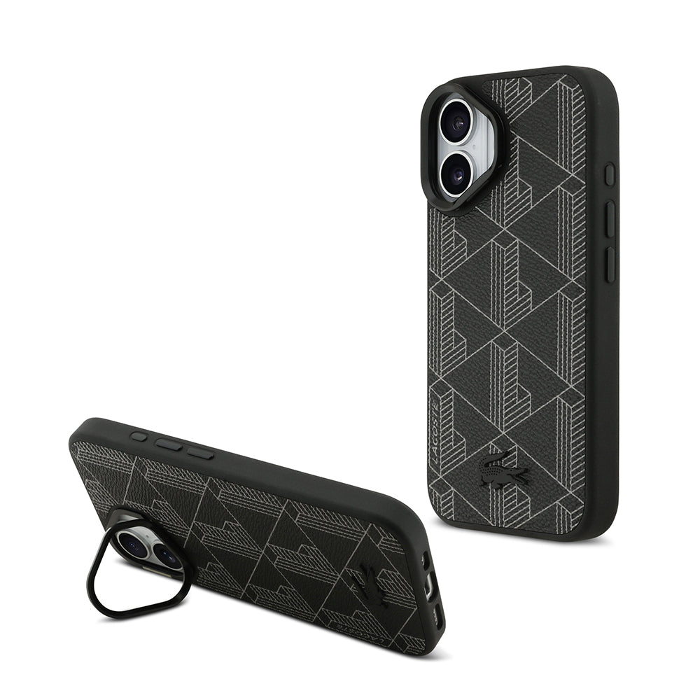 iPhone 17 Kılıf Lacoste Orjinal Lisanslı M-safe Şarj Özellikli Standlı PU Deri Karışık Monogram Desenli Kılıf