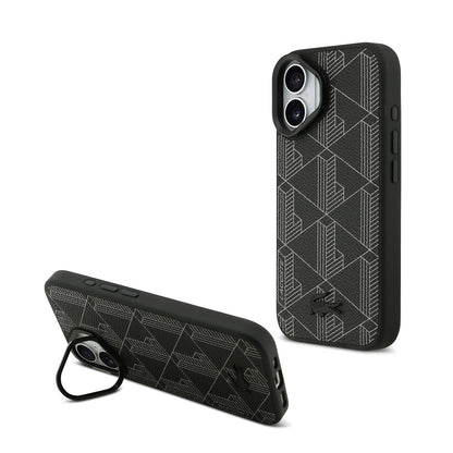 iPhone 17 Kılıf Lacoste Orjinal Lisanslı M-safe Şarj Özellikli Standlı PU Deri Karışık Monogram Desenli Kılıf