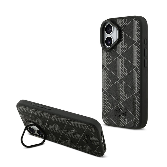 iPhone 17 Kılıf Lacoste Orjinal Lisanslı M-safe Şarj Özellikli Standlı PU Deri Karışık Monogram Desenli Kılıf