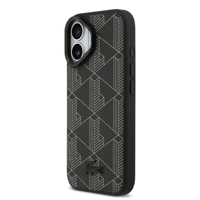 Apple iPhone 17 Kılıf Lacoste Orjinal Lisanslı M-safe Şarj Özellikli Standlı PU Deri Karışık Monogram Desenli Kapak Siyah