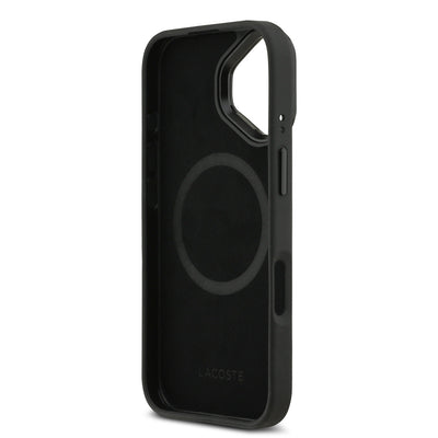 Apple iPhone 17 Kılıf Lacoste Orjinal Lisanslı M-safe Şarj Özellikli Standlı PU Deri Karışık Monogram Desenli Kapak Siyah