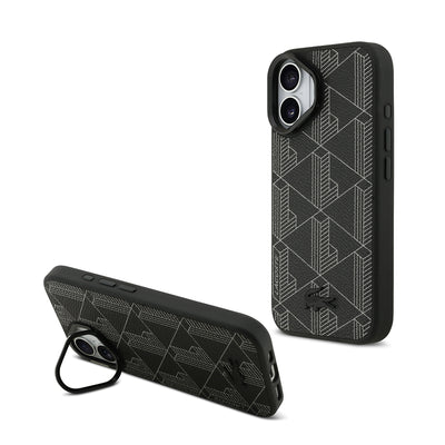 Apple iPhone 17 Kılıf Lacoste Orjinal Lisanslı M-safe Şarj Özellikli Standlı PU Deri Karışık Monogram Desenli Kapak Siyah