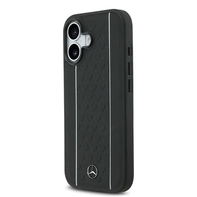 Apple iPhone 17 Kılıf Mercedes Benz Orjinal Lisanslı M-safe Şarj Özellikli Şeritli Yıldız Desenli Metal Logolu Deri Kapak Siyah