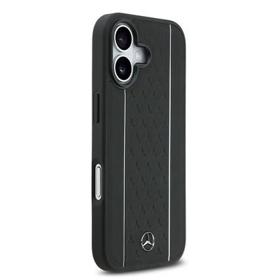 Apple iPhone 17 Kılıf Mercedes Benz Orjinal Lisanslı M-safe Şarj Özellikli Şeritli Yıldız Desenli Metal Logolu Deri Kapak Siyah