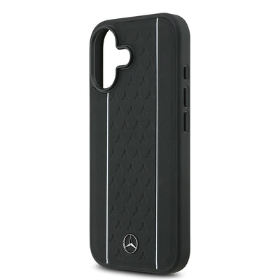 Apple iPhone 17 Kılıf Mercedes Benz Orjinal Lisanslı M-safe Şarj Özellikli Şeritli Yıldız Desenli Metal Logolu Deri Kapak Siyah