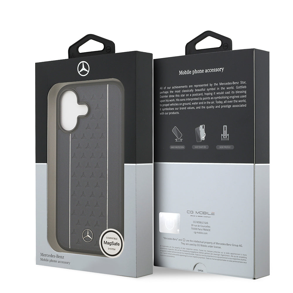 iPhone 17 Kılıf Mercedes Benz Orjinal Lisanslı M-safe Şarj Özellikli Şeritli Yıldız Desenli Metal Logolu Deri Kılıf