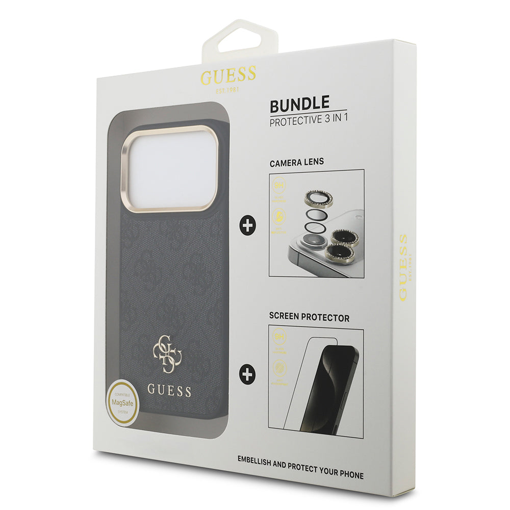 iPhone 17 Pro Guess Orjinal Lisanslı 4G ve Yazı Logolu Kılıf + Ekran Koruyucu + Lens Koruyucu 3in1 Aksesuar Seti