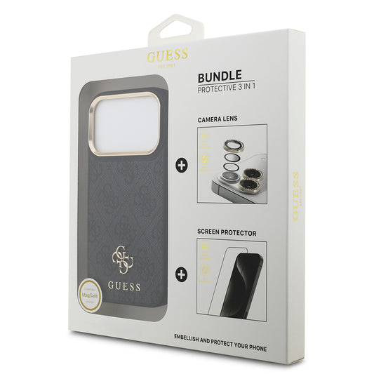 iPhone 17 Pro Guess Orjinal Lisanslı 4G ve Yazı Logolu Kılıf + Ekran Koruyucu + Lens Koruyucu 3in1 Aksesuar Seti