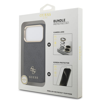 Apple iPhone 17 Pro Guess Orjinal Lisanslı 4G ve Yazı Logolu Kılıf + Ekran Koruyucu + Lens Koruyucu 3in1 Aksesuar Seti Kahverengi