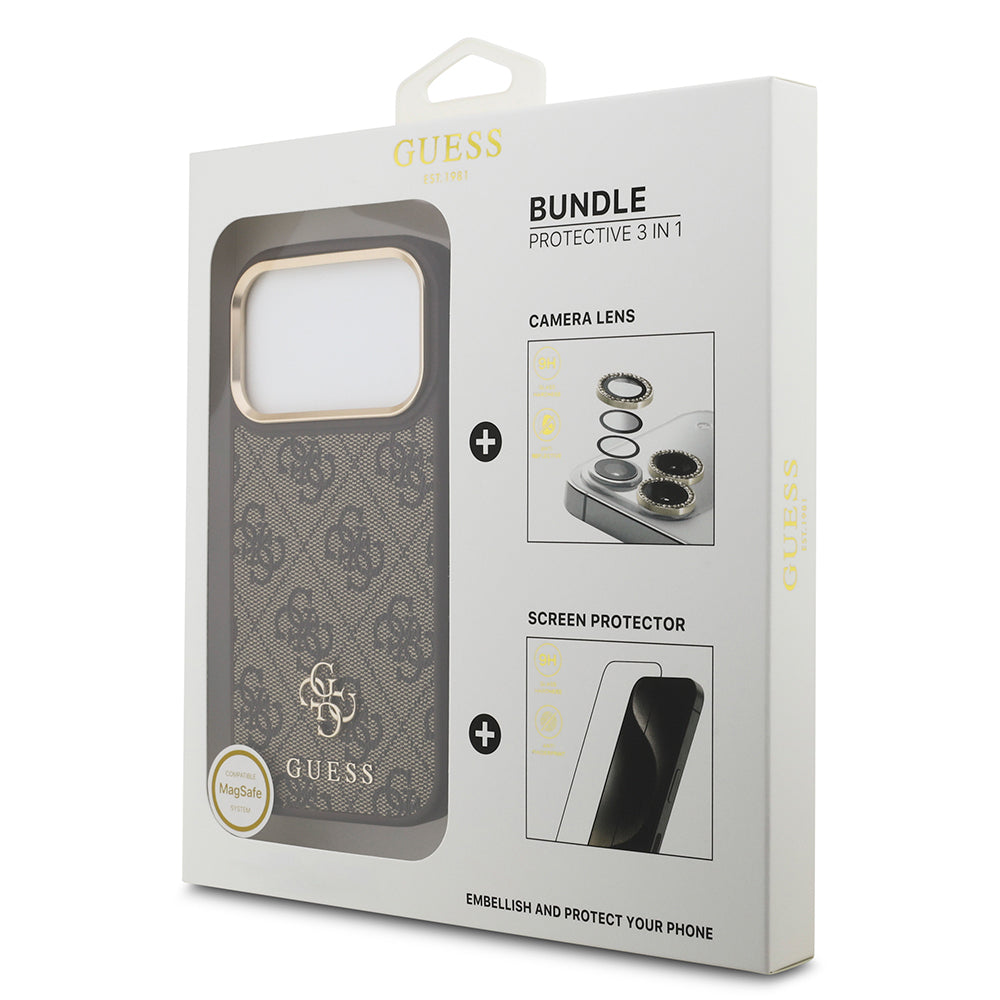iPhone 17 Pro Guess Orjinal Lisanslı 4G ve Yazı Logolu Kılıf + Ekran Koruyucu + Lens Koruyucu 3in1 Aksesuar Seti