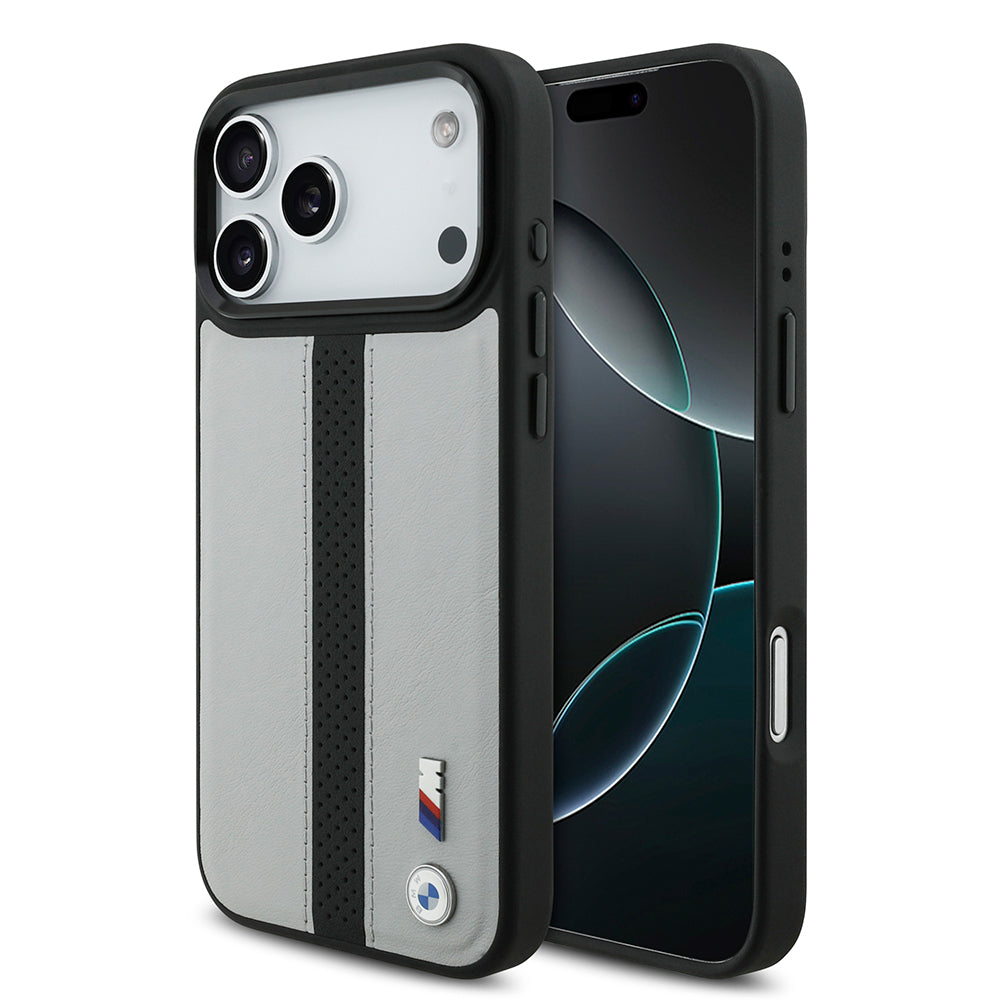 iPhone 17 Pro Kılıf BMW Orjinal Lisanslı M-safe Şarj Özellikli Deri Arka Yüzey Metal Logolu Delikli Şerit Tasarımlı Kılıf