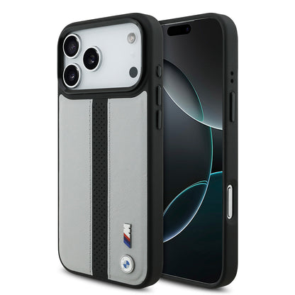 iPhone 17 Pro Kılıf BMW Orjinal Lisanslı M-safe Şarj Özellikli Deri Arka Yüzey Metal Logolu Delikli Şerit Tasarımlı Kılıf